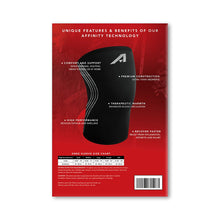Load image into Gallery viewer, back of retail packaging showing touts of the Affinity Neoprene Compression Knee Sleeve