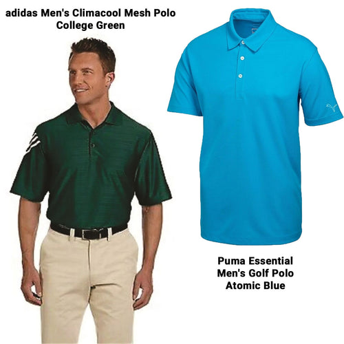green adidas and atomic blue Puma polo shirts