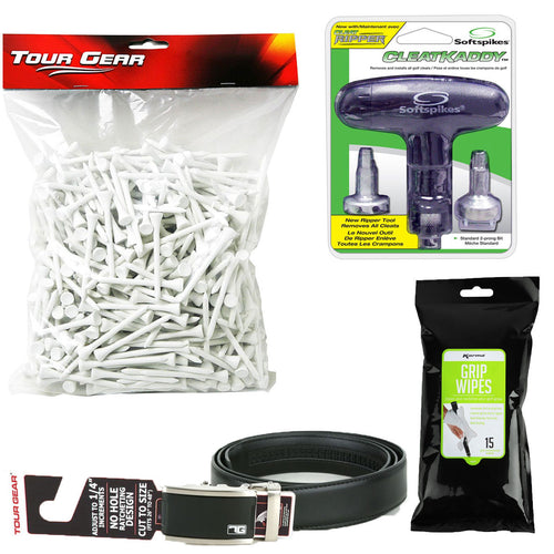 Collection of golf accessories including golf tees, spike cleaners, a belt, and grip wipes.