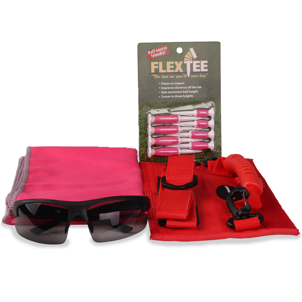 Golf accessories including sunglasses, red golf carrier bag, and Flex Tee packaging on a white background