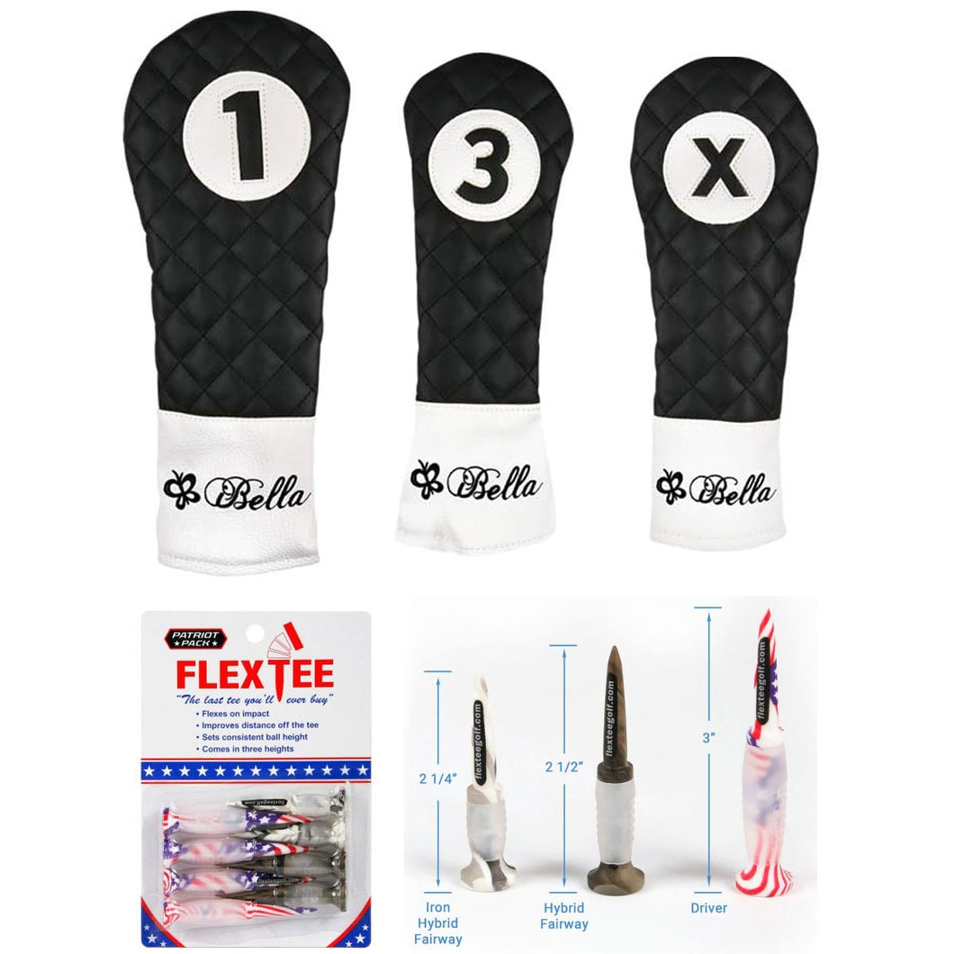 iBella Black Quilted Golf Headcover Set (1, 3, X) with 8 FlexTee Golf Tees