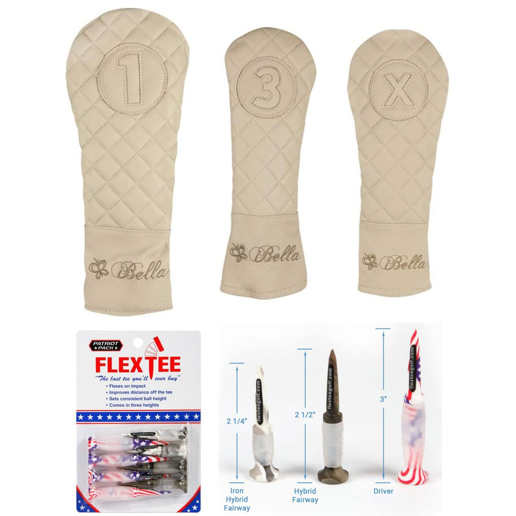 iBella Tan Quilted Golf Headcover Set (1, 3, X) with 8 FlexTee Golf Tees